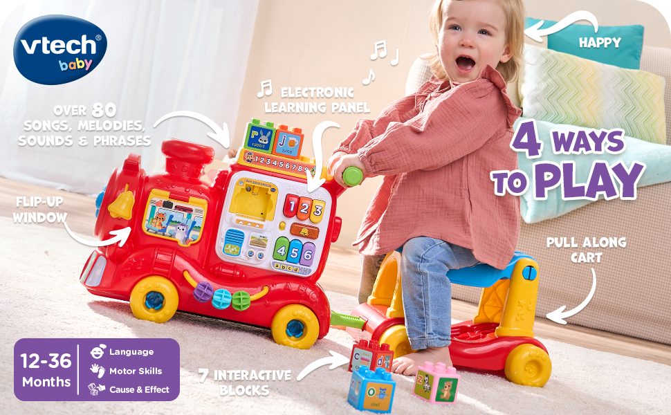 Text reads "VTech", "4 WAYS TO PLAY", "FULL GAME". Vtech toy advertisement showing red and yellow educational learning bus with activity blocks, child in pink shirt playing, 12-36 months age range indicated.