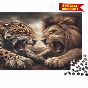 Wild Leopard Lion Duel 1000 Piece Jigsaw Puzzle Paper for Adults Wildlife Scene Puzzle Game for Family Focus Stress Relief Home Gift 70x50cm/1000pcs