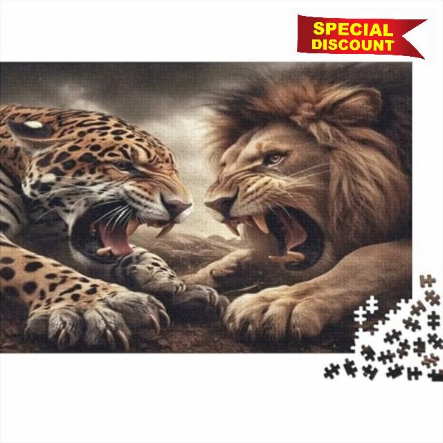 Wild Leopard Lion Duel 1000 Piece Jigsaw Puzzle Paper for Adults Wildlife Scene Puzzle Game for Family Focus Stress Relief Home Gift 70x50cm/1000pcs