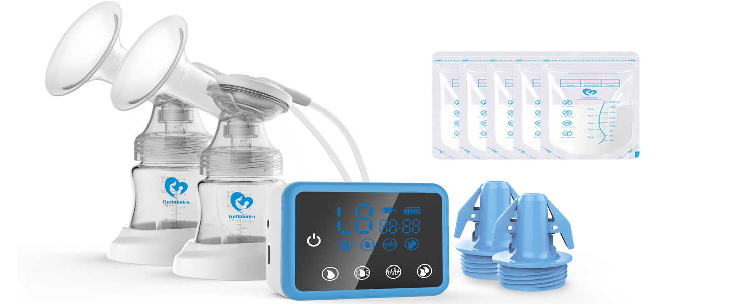 White breast pump system with digital display unit, collection bottles, and accessories arranged on white background.