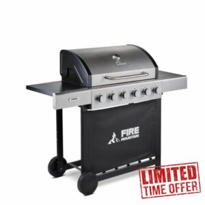 Fire Mountain Sierra 6 Burner Gas BBQ XL Stainless Steel with Cast Iron Grill X-Large Outdoor Barbecue for Garden Patio Family Sized 72 x 42cm Cooking Area