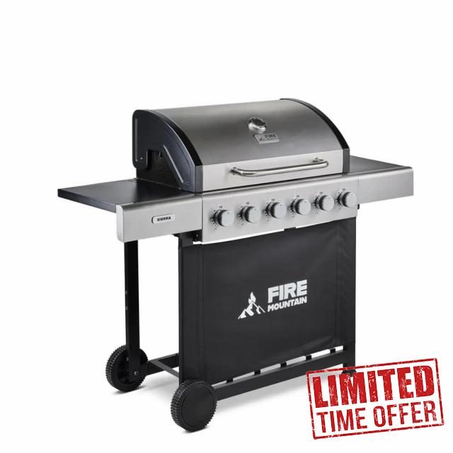 Fire Mountain Sierra 6 Burner Gas BBQ XL Stainless Steel with Cast Iron Grill X-Large Outdoor Barbecue for Garden Patio Family Sized 72 x 42cm Cooking Area