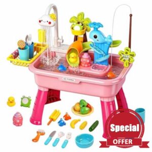 Kids Water Table With Running Water， Kids Play Sink Electric Funny Wahle Activity Table Faucet Slide
