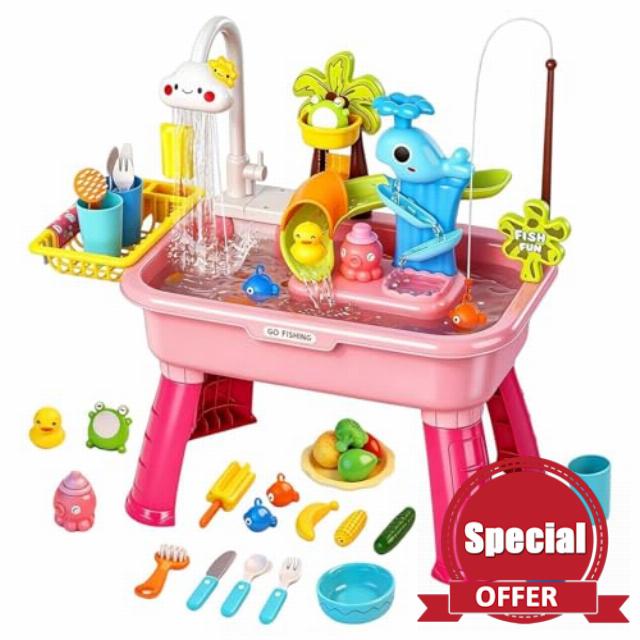 Kids Water Table With Running Water， Kids Play Sink Electric Funny Wahle Activity Table Faucet Slide