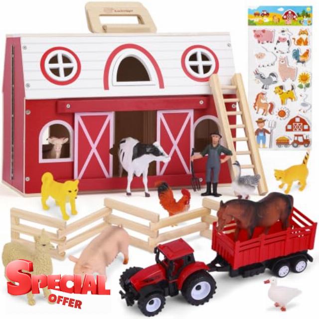 Wooden Barn Toy Set with Farm Animals