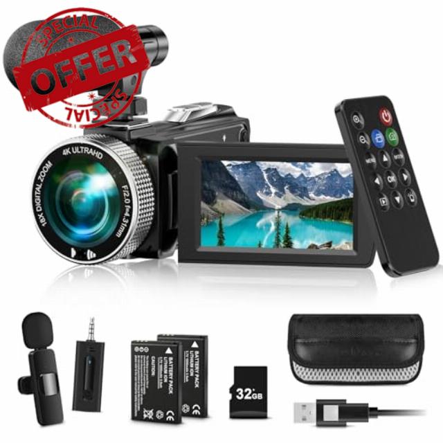 4K Video Camera Camcorder Mini Mic 48MP 60FPS UHD Vlogging Cameras for YouTube 18X Digital Zoom 3.0''IPS Screen Camera with 32GB Card