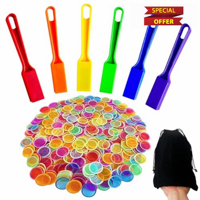 SEETOOOGAMES Magnetic Bingo Chips Wands - 6 Color 600 Metal Chips with 6 Wands for Classroom