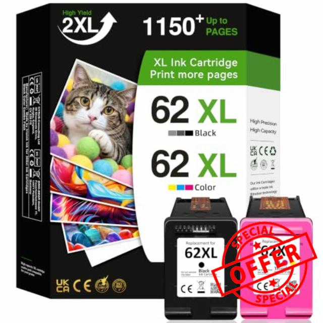 62XL Ink Cartridges Black and Colour High Yield Replacement for HP 62 Ink Cartridges Twin Pack for HP Envy 5640 7640 5540 5544 5546 5644 5640 OfficeJet 5740 200 250 (2 Pack)