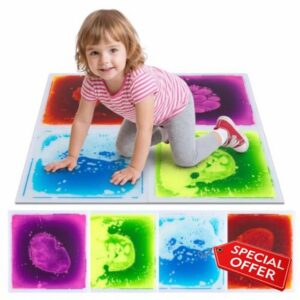 COSTWAY Glow-in-the-Dark Liquid Sensory Floor Tiles for Toddlers | 4-Pack Leakproof Colorful Sensory Mats for Children with Autism