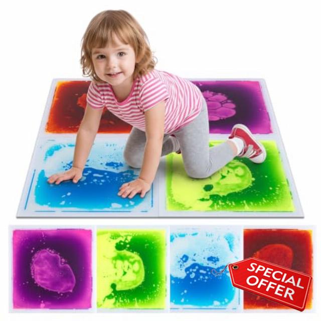 COSTWAY Glow-in-the-Dark Liquid Sensory Floor Tiles for Toddlers | 4-Pack Leakproof Colorful Sensory Mats for Children with Autism
