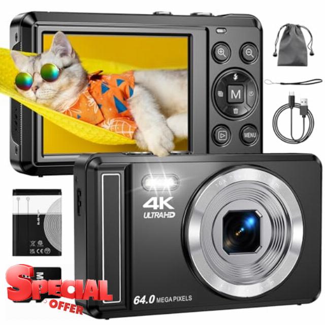 Digital Camera 4K 64MP Autofocus with Micro SD Card