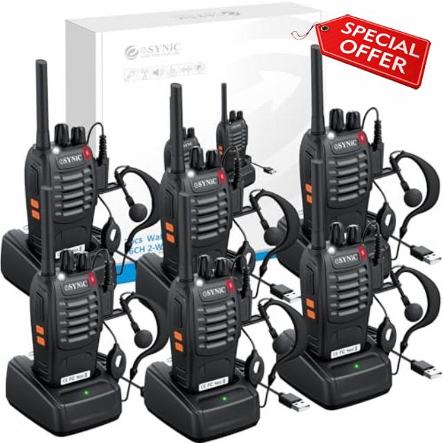 eSynic 6Pack Professional Walkie Talkies for Adults Rechargeable Walkie Talkies Best 16CH Walkie Talkie Long Rang VOX Radio Walky Talky With Earpieces Wonderful Gifts For Adults Kids etc
