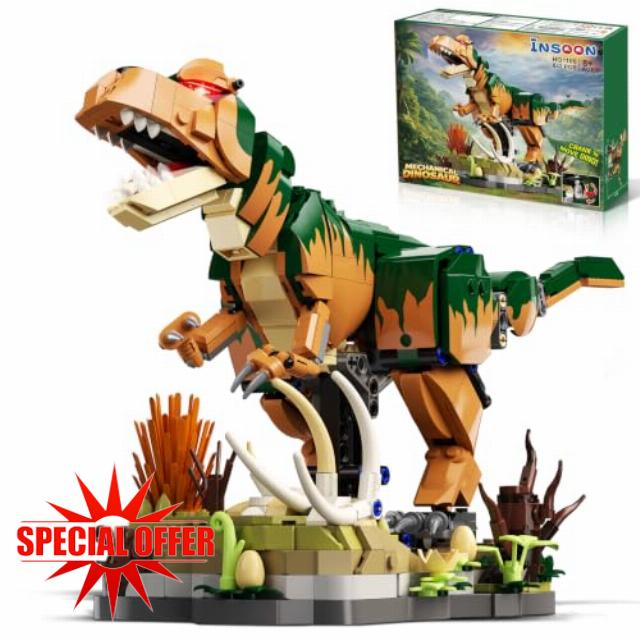 INSOON Mechanical Dinosaur Building Set Toy for Kids Boys Ages 8-12+ | Hand Crank Dino with Gear-Driven Movable Limbs