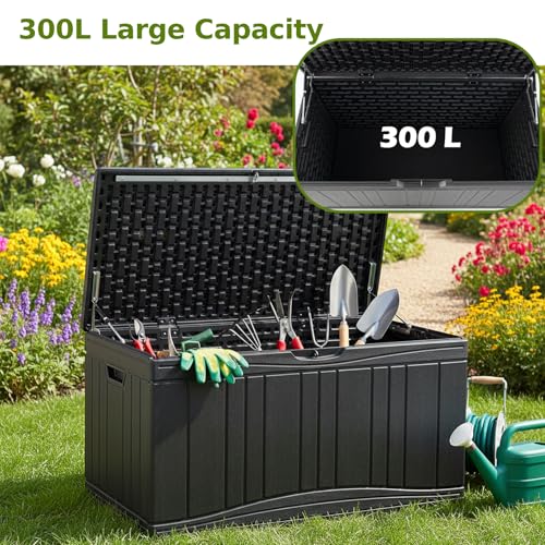 300L) | Wood Effect Outdoor Utility Chest Container for Patio Cushions Garden Tools with Lockable Sit-on Lid