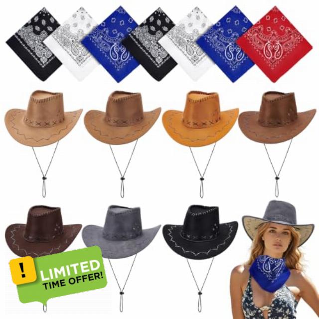 14 Pcs Western Faux Felt Cowboy Hat & Bandana Bulk Set