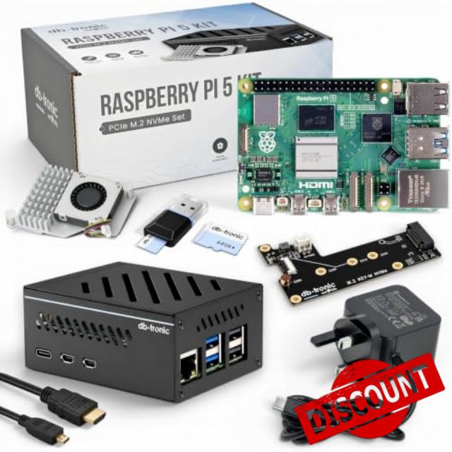 db-tronic Raspberry Pi 5 4GB NVMe Kit | PCIe to M.2 NVMe Board | 64GB Edition | Metal Case with Active Cooling Fan | 27W Power Supply | Ideal for Smart Home