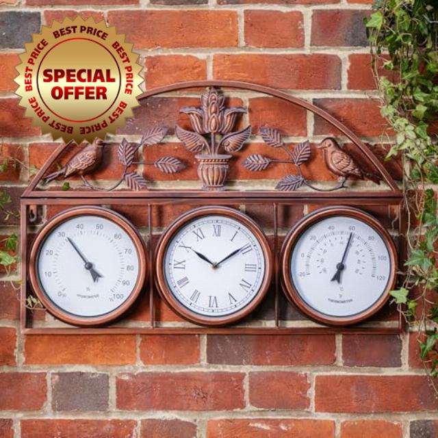 Garden Gear Wall Clock and Weather Station Copper Colour 3-in-1 Outdoor Clock Thermometer Hygrometer Floral Bird Design Weatherproof