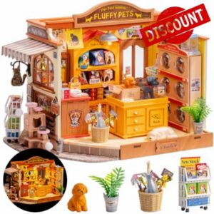 Rolife DIY Miniature House Fluffy Friends Store 397Pcs Wood Dollhouse Kit | 1:18 Scale Snap-Fit Cat Dog Pet Shop with Warm LED Light 7h Assembly Time Intermediate 3D Wooden Puzzle Craft Gift for Adults