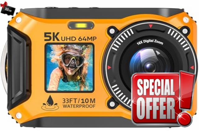 Underwater Camera Yixinxin 5K 64MP Waterproof Camera with 32GB | Dual-Screen Selfie 33FT Waterproof Digital Camera for Snorkeling Point and Shoot Digital Camera
