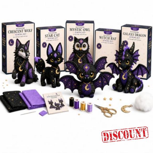 Mystic Patchwork Animal Sewing Kit – DIY Plush Craft Kit with Starry Fabric