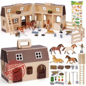 SIMPLIPLAY Horse Toys with Large Portable Wooden Stable Playset | Pretend Play Toy Barn with Farm Animals Sticker