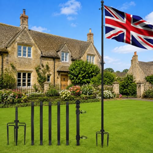 Stainless Steel Ground Flagpole with 5 Prong Stake & Adjustable Height | Outdoor Flag Pole Kit for Yard