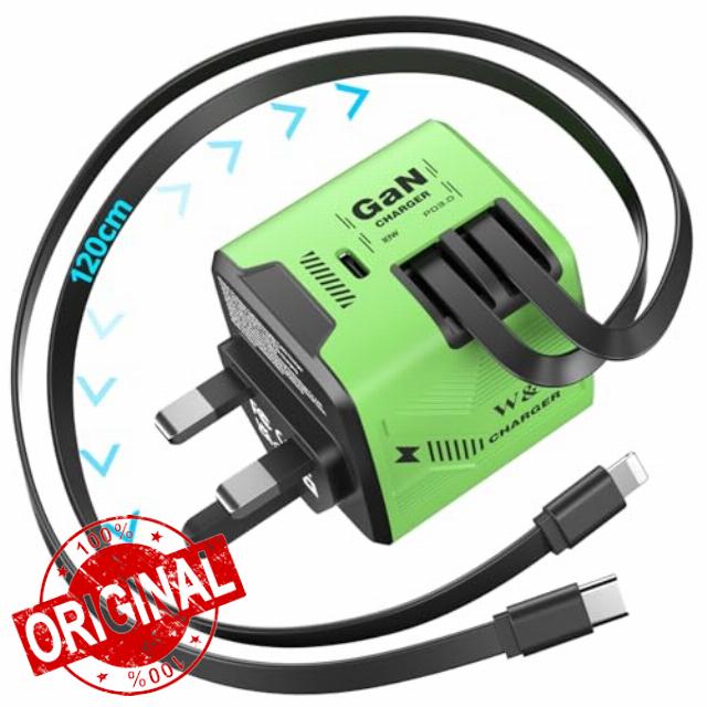 60W GaN Fast Charger Built-in Dual 1.2m Retractable Cables