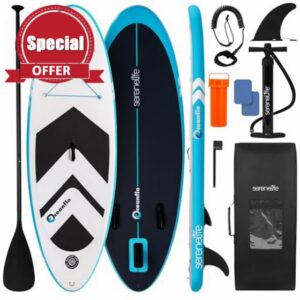 SereneLife Kids Stand Up Paddle Board 7ft 9in Inflatable SUP 30in Wide Stable Youth Design – Anti Slip EVA Deck Complete Kit with Paddle Pump Backpack Leash