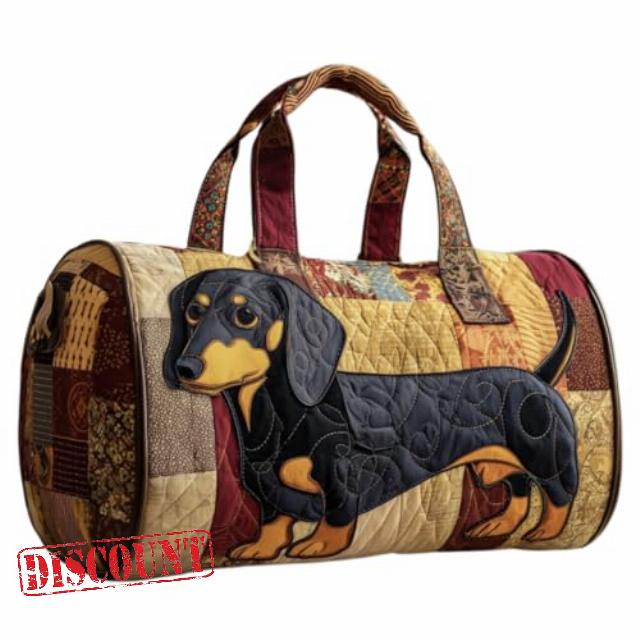 Dachshund Quilted Duffle Bag – Handmade Cotton Weekender Travel Tote Lightweight Overnight Carry On Bag (L (18"x9"x9"))