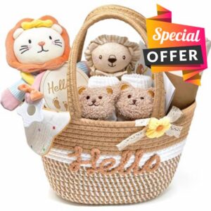 Newborn Baby Gifts Baby Hamper Set with Baby Blanket Lovey Security Blanket Socks Rattle Muslin Cloths Bibs Wooden Milestone Cards New Born Baby Essentials Boys Girls (Brown)