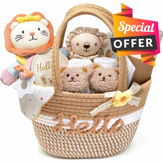 Newborn Baby Gifts Baby Hamper Set with Baby Blanket Lovey Security Blanket Socks Rattle Muslin Cloths Bibs Wooden Milestone Cards New Born Baby Essentials Boys Girls (Brown)