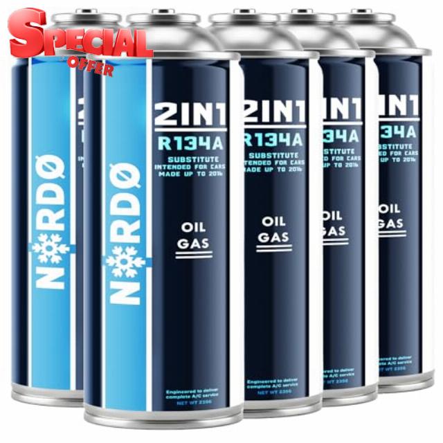 Nordo - Gas for Car Air Conditioning – Air Con Recharge Gas R134a – For vehicles manufactured between 1994 and 2016 – Non-toxic – Corrosion-resistant – 5 pieces – 235g per Ca