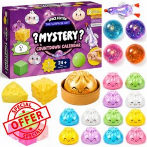 24 PCS Baozi Squishy Surprise Toy Set Squishy Box Slow Rising Sensory Squeeze Toys with Glitter Baozi Butter Cheese Ice Cube Fidget Stress Balls for Kids Adults Birthday