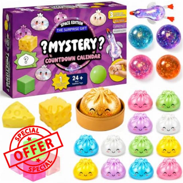 24 PCS Baozi Squishy Surprise Toy Set Squishy Box Slow Rising Sensory Squeeze Toys with Glitter Baozi Butter Cheese Ice Cube Fidget Stress Balls for Kids Adults Birthday