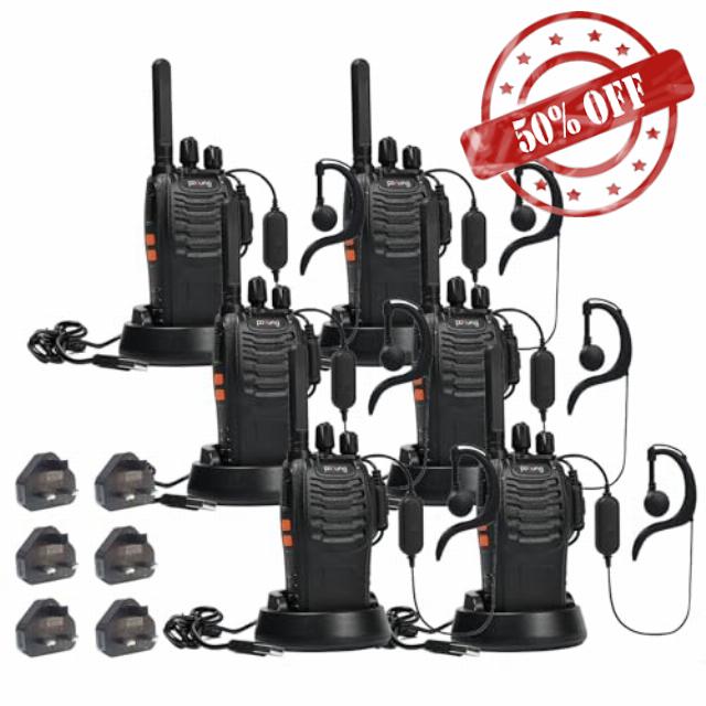 PMR446 Walkie Talkies License Free Handheld Two Way Radio pofung PT88E Long Range Walkie Talkie with 16 Channels Scan Earpieces Flashlight for Camping Warehouse Security Church School (Black 6 Pack)