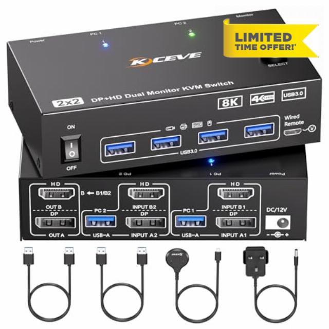 KVM Switch 2 Monitors 2 Computers Displayport HDMI 4K@144Hz