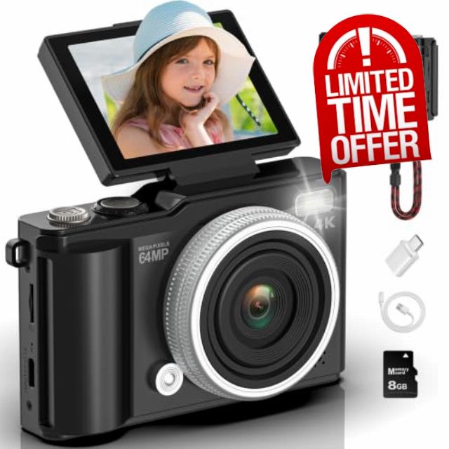 Digital Camera 4K 64MP with Macro SD Card