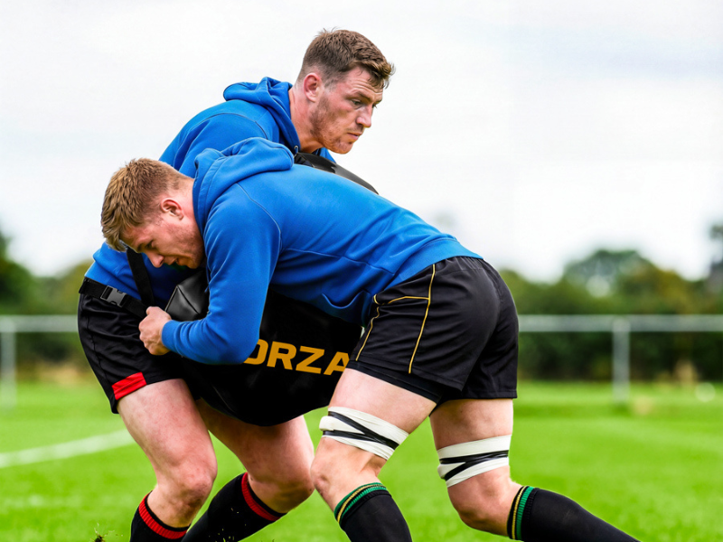 Two rugby players in blue jerseys on grass field. Text visible reads 'JRZA' on player's shorts. Adult lifting child player during match, outdoor stadium background.