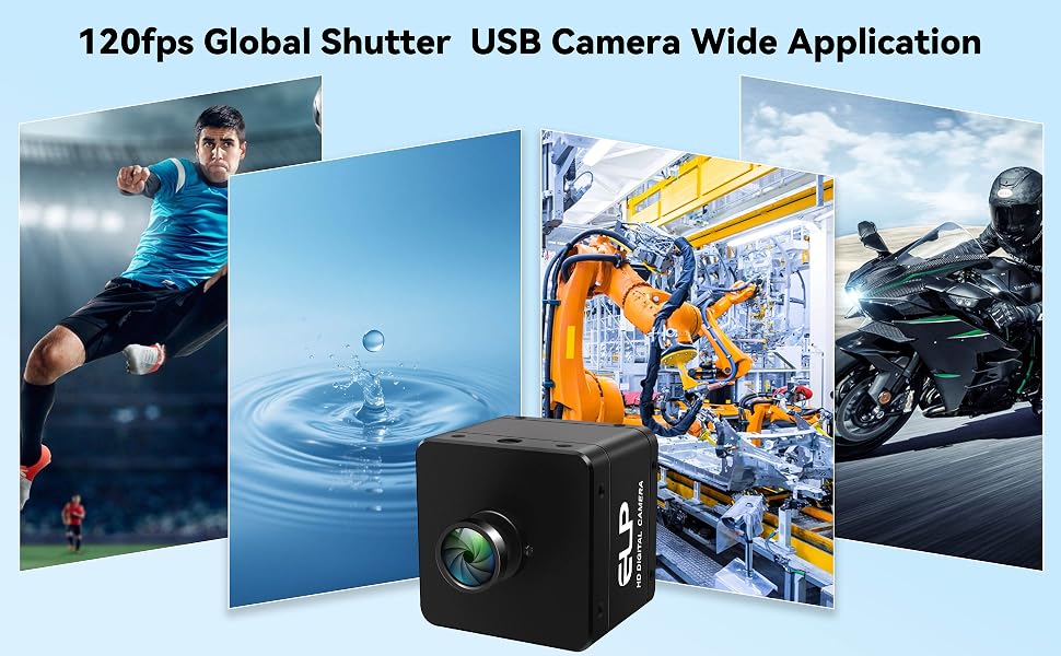 Text reads '120fps Global Shutter USB Camera Wide Application'. Black compact USB camera displayed with multiple application images showing sports, water, machinery, and motorsports photography.