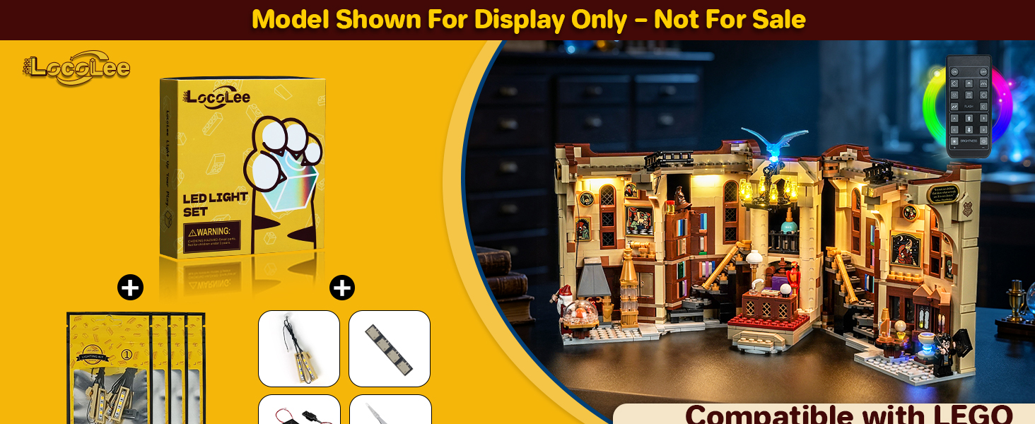Text reads 'Model Shown For Display Only - Not For Sale' and 'Compatible with LEGO'. Yellow packaging display showing building set components, instruction manuals, and illuminated architectural model structure on right.