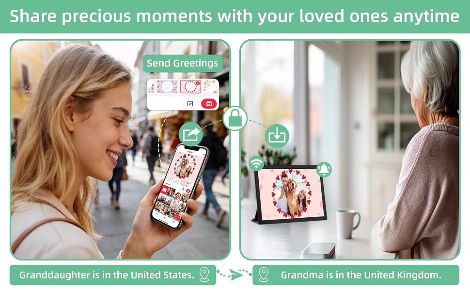 Text reads 'Frameo' with app interface icons showing 'Secure and Private', Multiple users, Wi-Fi, and notification symbols. Mobile app interface demonstration.