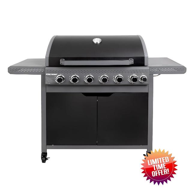 George Foreman 6 + 1 Burner Gas BBQ in Black with Automatic Ignition & Integrated Thermometer