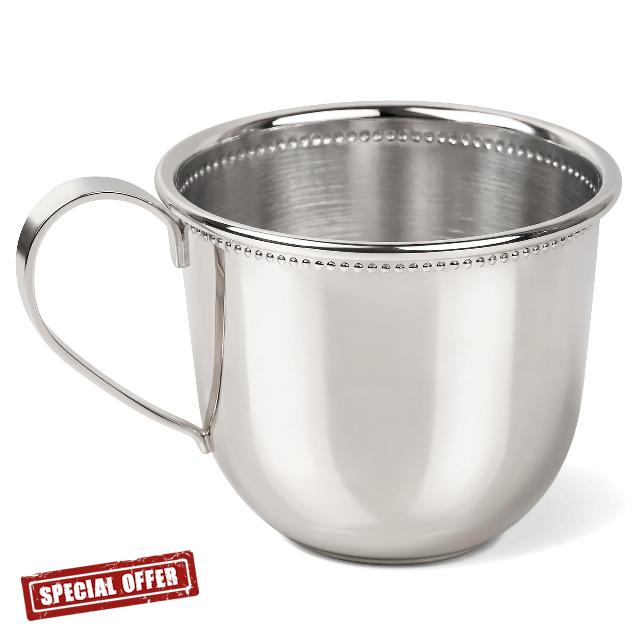 Baby Cup with Silver Plate with Beads - Made with Solid 925 Sterling Silver - Elegant Engravable Personalized Cup Souvenir Gift - Packaged in a Beautiful Gift Box