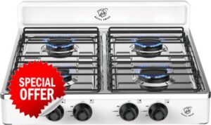 Royal Swiss® 2 Burner Gas Stove 4.4 kW - Portable Camping Stove Gas with Electric Ignition & Lid - LPG Hob for Outdoor