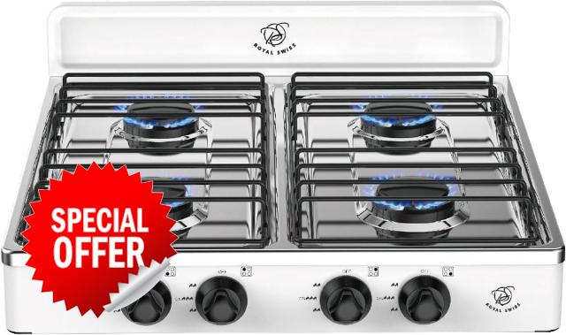 Royal Swiss® 2 Burner Gas Stove 4.4 kW - Portable Camping Stove Gas with Electric Ignition & Lid - LPG Hob for Outdoor
