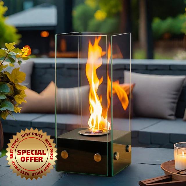 JHY DESIGN Black 35cm Tall Metal and Glass Fireplace Fire Bowl Pot Fire Pit | Firepit Tabletop Fireplace for Indoor Outdoor Patio Garde