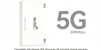 Text reads 'All you need for instant 5G hotspot'. White mobile hotspot device, instruction card, and white USB cable displayed on diagonal split background.