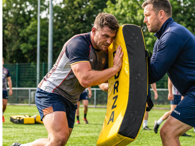 Two men performing outdoor fitness training exercise with large yellow tire. One man lifting tire while other assists, on grass field with sports equipment visible. Active training demonstration.