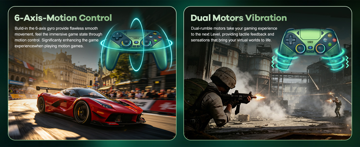Text reads 'Multifunctional Game Controller Turbo Function' with specifications including 'UP, DOWN, LEFT, RIGHT' and 'TURBO' button. Green camouflage-pattern gaming controller with dual analog sticks and turbo feature displayed.