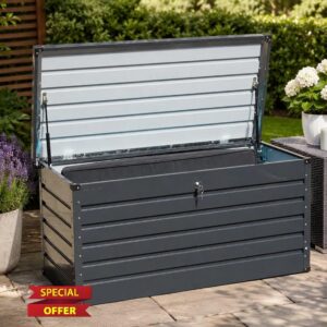 Gr8 Garden 420L Lockable Metal Garden Storage Box Dark Grey Anthracite | Weather-resistant with key lock and easy-lift lid